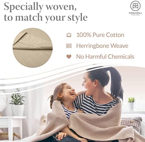Threadmill Premium Cotton Herringbone Twin Blanket - 350GSM 68x92 Inches Beige
