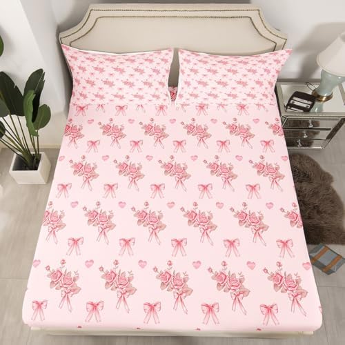 Manfei Flowers Bow Fitted Sheet Queen Pink Bow-tie Design