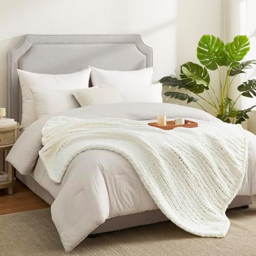 Amlie Home Chunky Knit Throw Blanket Ivory 40x50