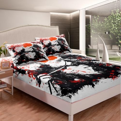 Homewish Japanese Samurai Fitted Sheet Set with Pillowcases