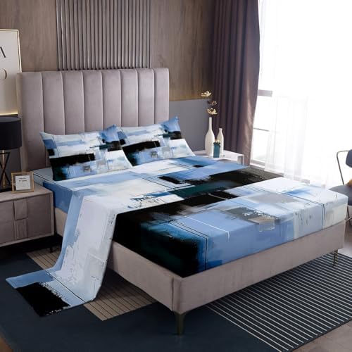 Manfei Abstract Art Bed Sheet Set Twin Size Gray Blue Black