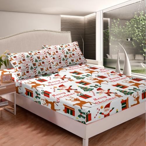 Homewish Merry Christmas Twin Sheet Set with Santa Reindeer Pillowcase