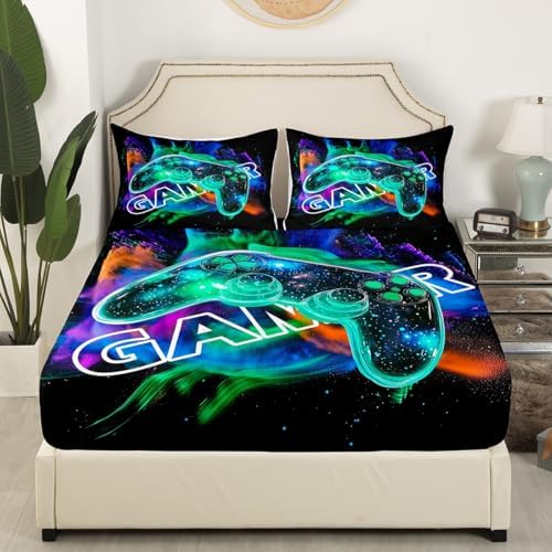 Cool Gaming Fitted Sheet Set Twin Size with 1 Pillowcase