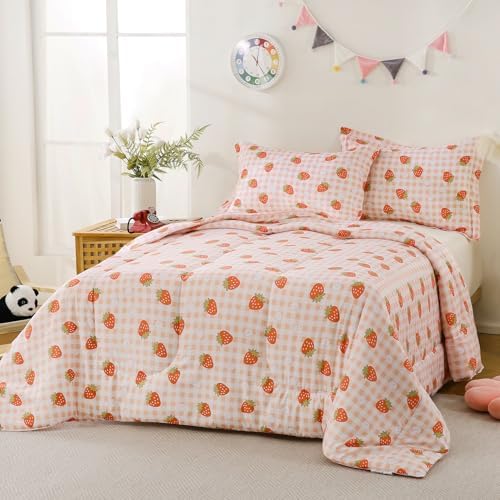 Yibeizi Pink Checkered Comforter Set for Girls