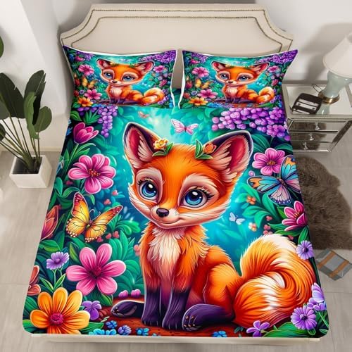 Cute Fox Fitted Sheet Twin Set with Pillowcase