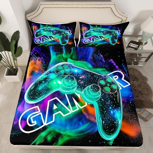 Cool Gaming Fitted Sheet Set Twin Size with 1 Pillowcase