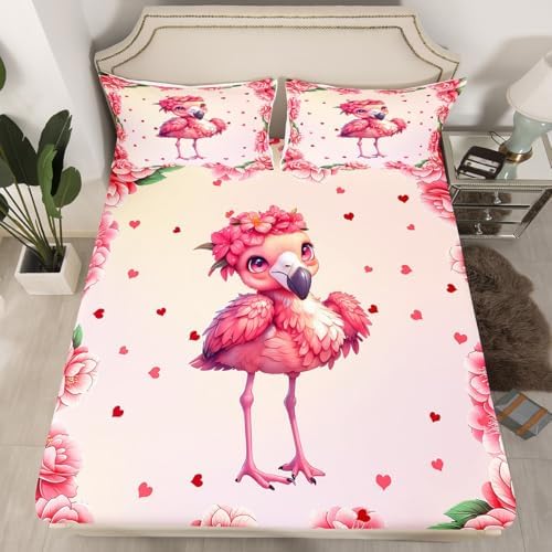 Cute Flamingo Fitted Sheet Twin Set with Pillowcase