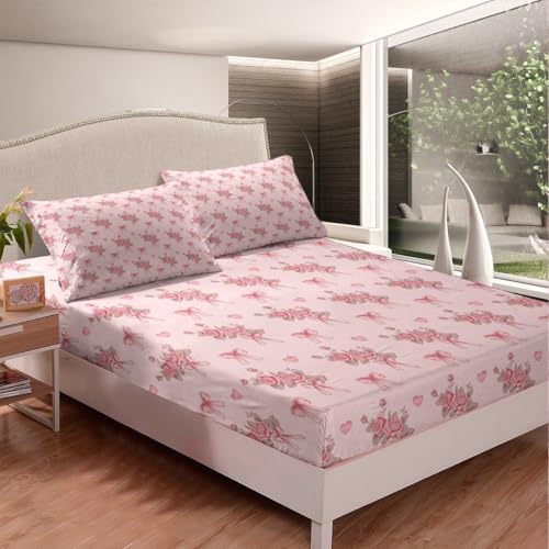 Manfei Flowers Bow Fitted Sheet Queen Pink Bow-tie Design