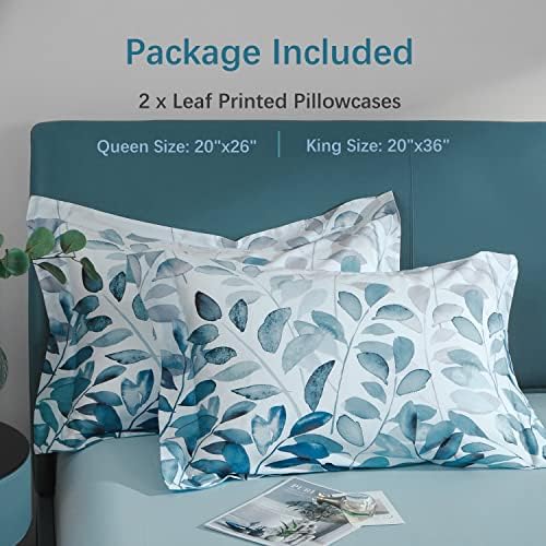 MILDY 100 Cotton Pillow Shams - Gradient Blue Leaf Print Queen 20x26 2pc