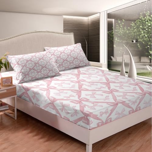 Manfei Pink Bowknots Queen Fitted Sheet Set