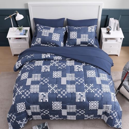 Navy Blue Plaid Twin XL Comforter Set 5 Pieces