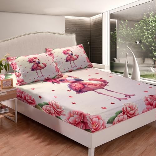 Cute Flamingo Fitted Sheet Twin Set with Pillowcase