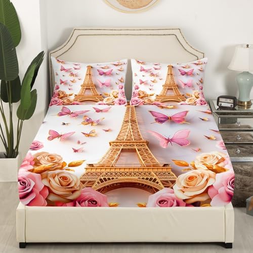 Castle Fairy Pink Flowers Eiffel Tower Twin Sheet Set