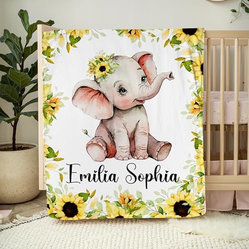 NAZENTI Personalized Elephant Baby Blanket with Name and Floral