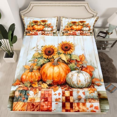 Fall Pumpkin Fitted Sheet Set Twin Size with Pillowcase