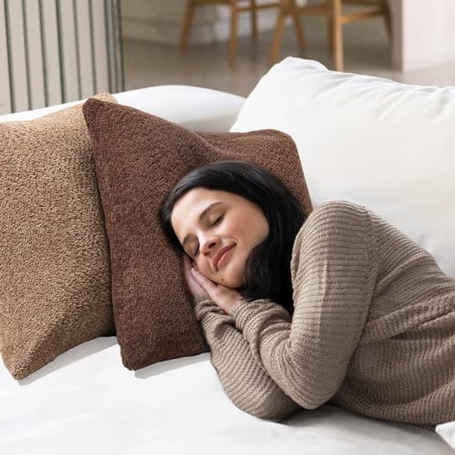 Lewondr Textured Boucle Throw Pillow Covers 18x18 Inch 2 Pack Camel and Brick