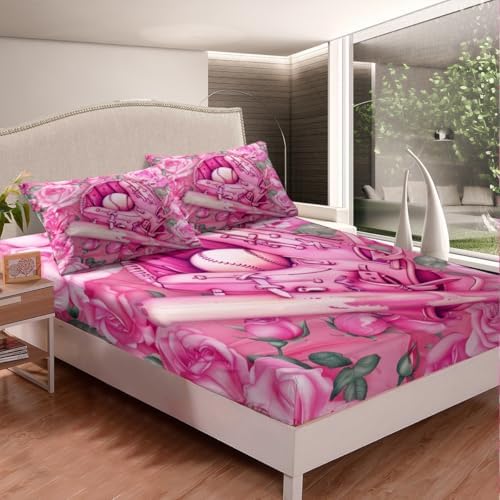 Manfei Baseball Bed Sheet Set Girly Sports Theme Twin Size