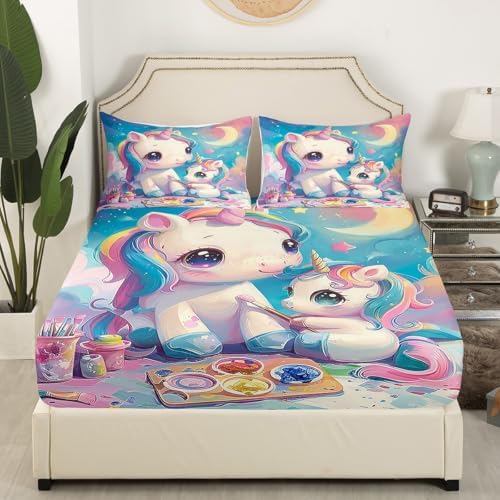 Manfei Unicorn Cartoon Bed Sheet Set Twin with Pillowcase