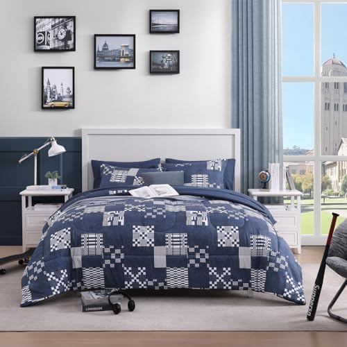 Navy Blue Plaid Twin XL Comforter Set 5 Pieces