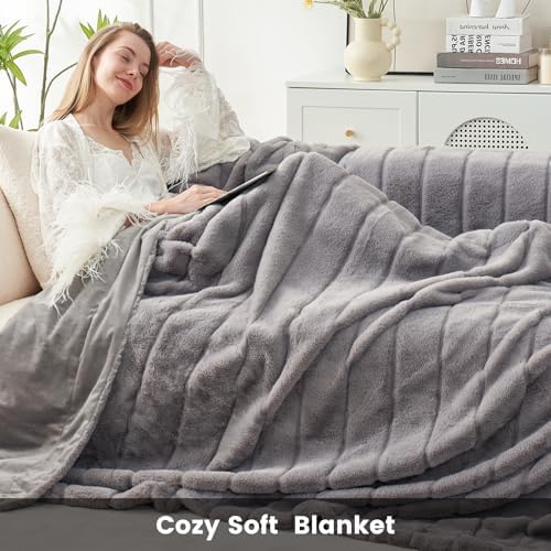 Cozy Bliss Faux Fur Throw Blanket Grey 50x60 Inches