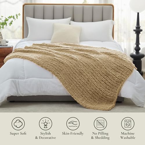 Amlie Home Chunky Knit Throw Blanket for Couch 40x50 Beige