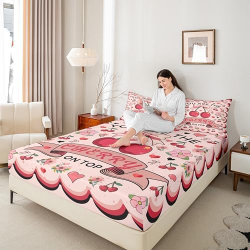 Manfei Cherry Bow Fitted Sheet Set Queen Size 1