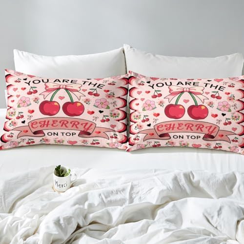 Manfei Cherry Bow Fitted Sheet Set Queen Size 1