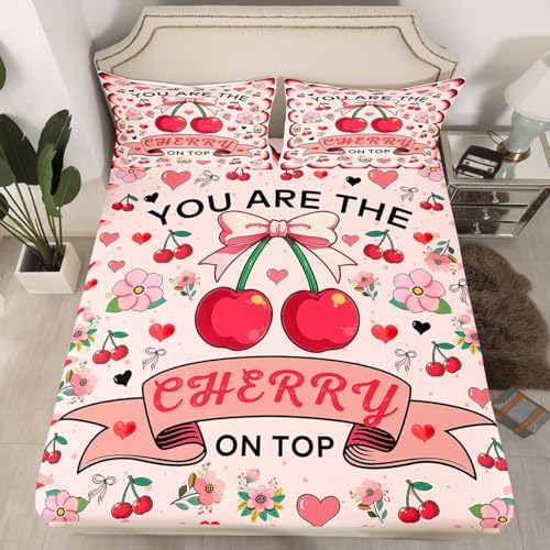 Manfei Cherry Bow Fitted Sheet Set Queen Size 1