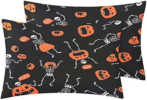Phtbz Halloween Pillowcase Set of 2 - Reversible Pumpkin Skeleton Design
