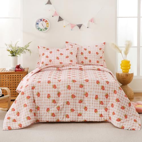 Yibeizi Pink Checkered Comforter Set for Girls