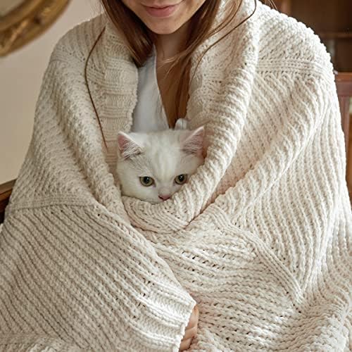 Amlie Home Chenille Knit Throw Blanket Ivory 50x60