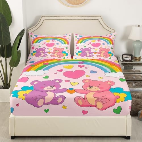 Homewish Cartoon Bear Fitted Sheet Set Twin Size with Pillowcase