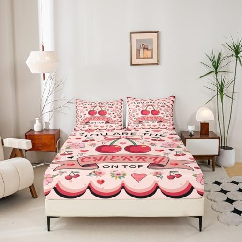 Manfei Cherry Bow Fitted Sheet Set Queen Size 1