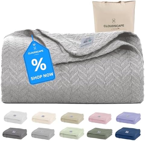 Cloudscape Linen 100 Cotton Queen Blanket Herringbone Pattern Light Grey