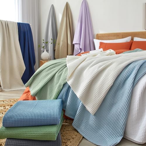 PHF Pre-Washed Cotton Waffle Blanket Twin Size for Bed