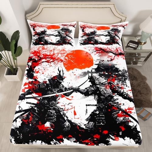 Homewish Japanese Samurai Fitted Sheet Set with Pillowcases