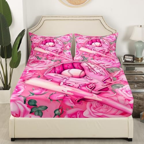 Manfei Baseball Bed Sheet Set Girly Sports Theme Twin Size