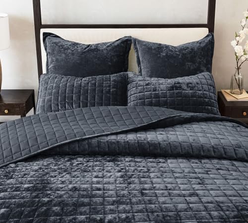 LR Rocaloca Velvet Quilt Set King Size 98x106 Blue Gray
