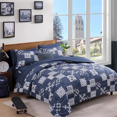 Navy Blue Plaid Twin XL Comforter Set 5 Pieces