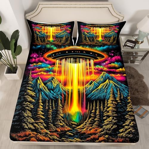 Homewish Spacecraft Fitted Sheet Twin Set with Pillowcase