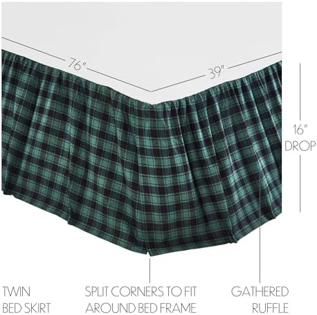 VHC Brands Pine Grove Plaid Twin Bed Skirt Green 39x76x16