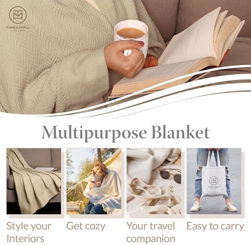 Threadmill Premium Cotton Herringbone Twin Blanket - 350GSM 68x92 Inches Beige