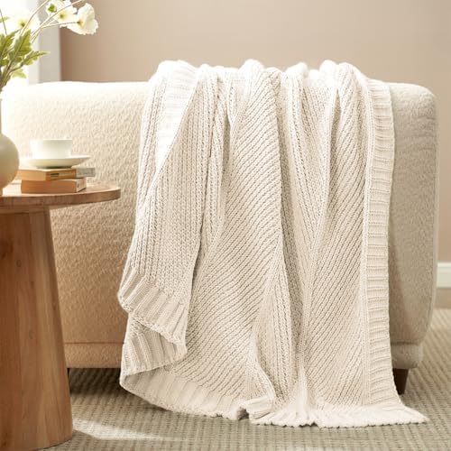 Amlie Home Chenille Knit Throw Blanket Ivory 50x60