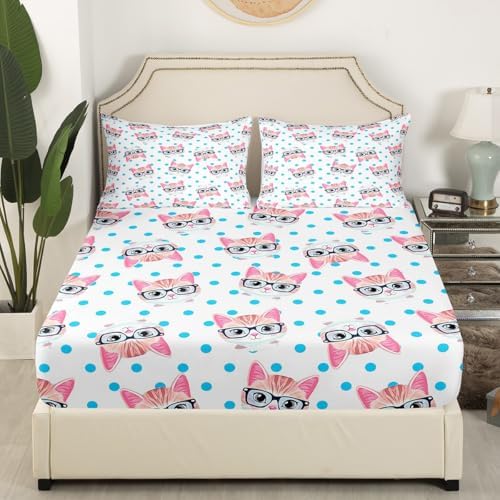 Homewish Cute Cat Fitted Sheet Twin Set with Pillowcase