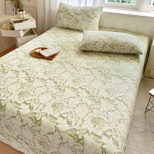 Velvet Leaves Pattern Bed Sheet and Pillowcases Queen Size Beige Green