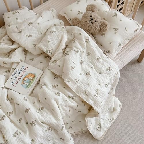 BuLuTu Cartoon Bunny Gauze Toddler Quilt Soft Breathable Cotton Muslin Blanket