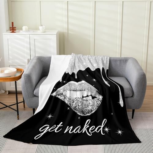 Erosebridal Romantic Lips Throw Blanket - Black Glitter Sequins Flannel 40x50 Inches