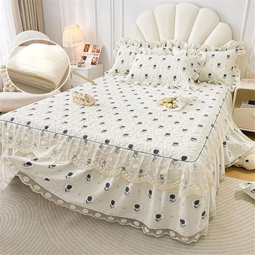 Floral Quilted Bedspread Set with Ruffles and Lace 3-Piece Cotton Bedding