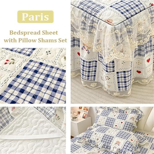 Floral Quilted Bedspread Set with Ruffles and Lace 3-Piece Cotton Bedding