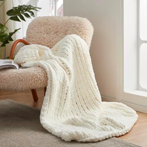 Amlie Home Chunky Knit Throw Blanket Ivory 40x50